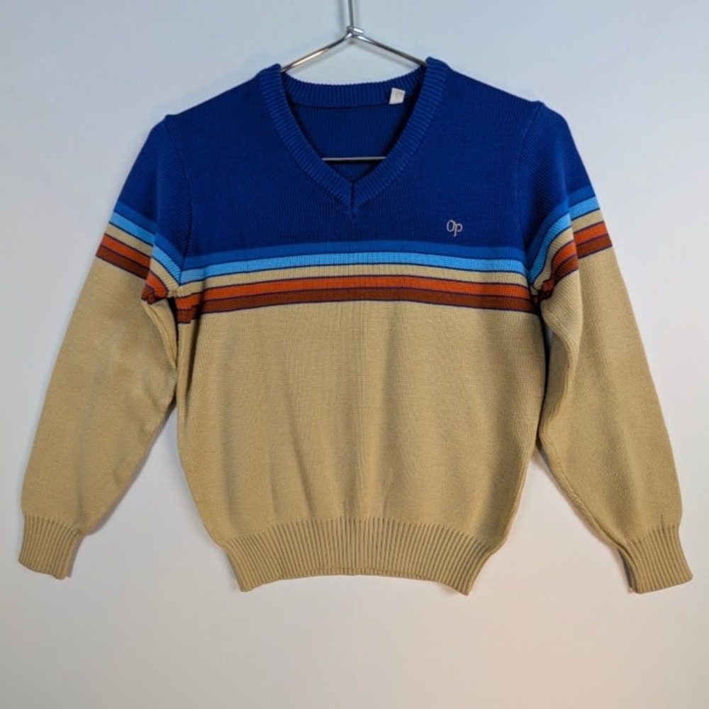 Vintage OP Sweater Child's Large Blue Tan Retro Stripe 80s Ocean Pacific EUC